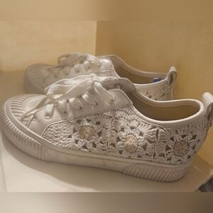 Yellow Box Cream Crochet Sneakers With Laces.